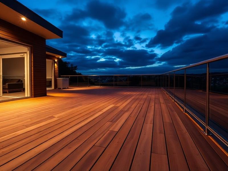Composite decking boards on a modern terrace at dusk