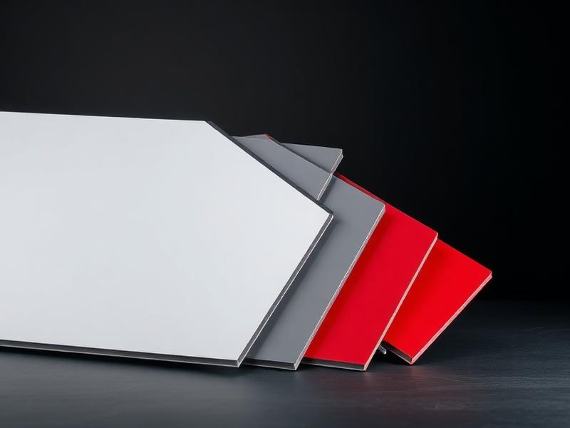 Fanned stack of coloured aluminium composite panel sheets