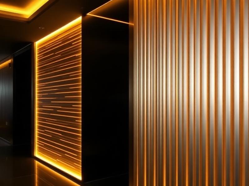 Interior wall clad with decorative aluminium panels and accent lighting