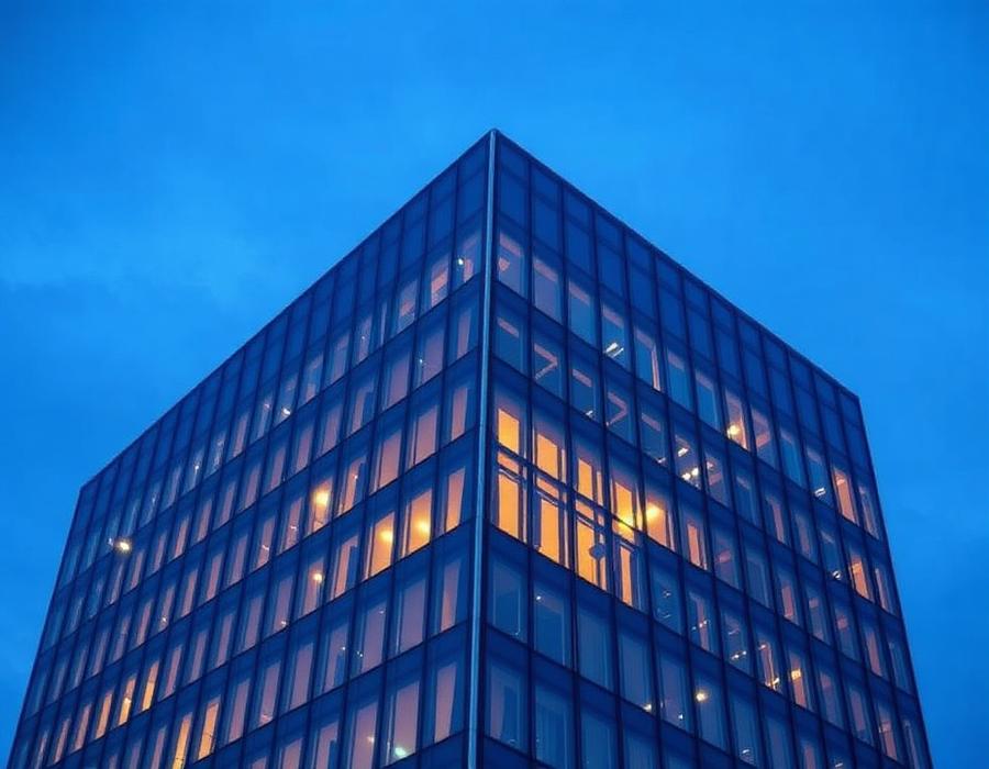 Modern glass and aluminium office tower facade at dusk