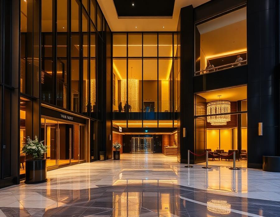 Luxury hotel lobby with aluminium framed glass partitions