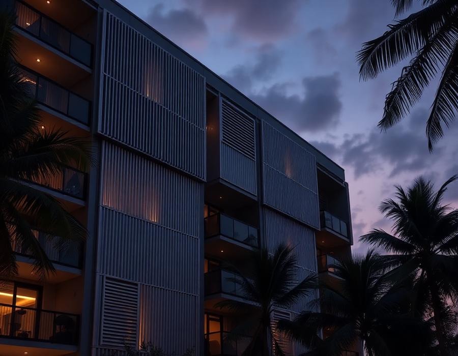Apartment block facade with aluminium louvres at dusk