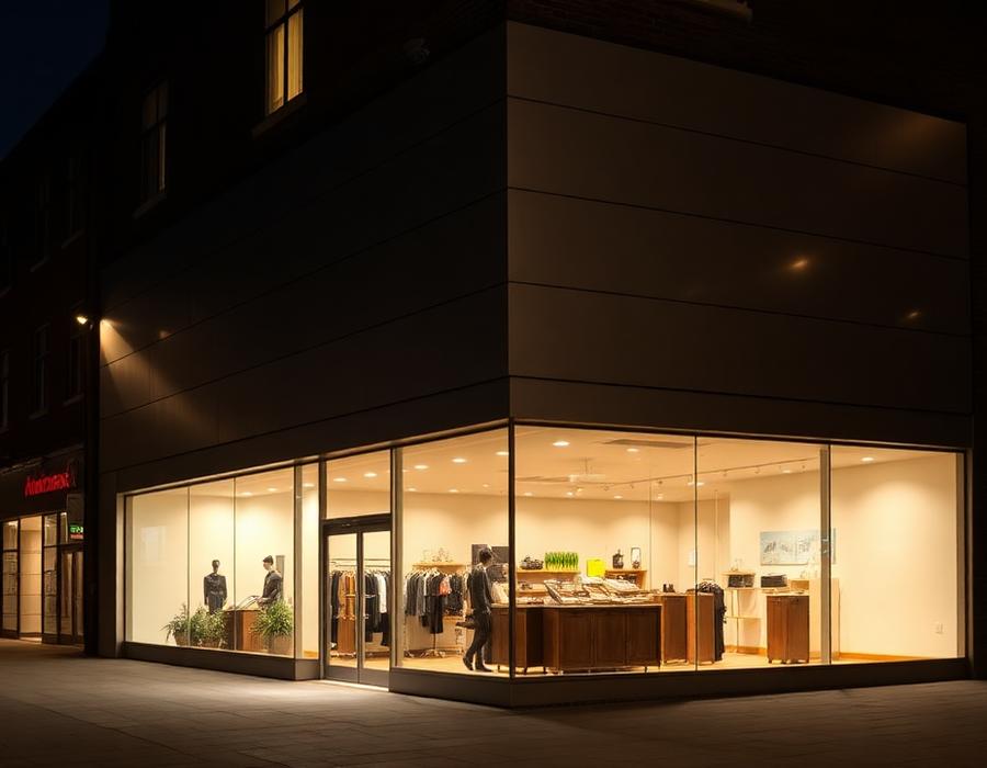 Retail shopfront with aluminium composite panel cladding at night